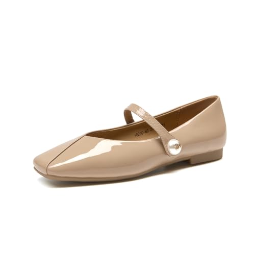 BEAU TODAY Mary Jane Flats for Women, Womens Mary Janes, Ballet Flats for Women, Patent Leather Square Toe Flats, Comfortable Casual Fashion Slip-on Flat Dress Shoes