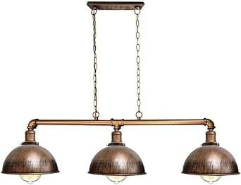 DC VOLTAGE Industrial 3 Way Pipe Pendant Light Metal Brushed Copper Bar Ceiling Lamp with Dome Shades & Adjustable Chain for Kitchen Island, Dining Room