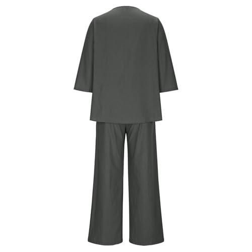 Plus Size Cotton Linen Outfits for Women 2 Piece Set Pants Suits V Neck Button 3/4 Sleeve Tops Wide Leg Pants Sets4
