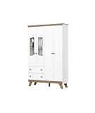 Vicawu KINDERKLEIDERSCHRANK 4 TÜREN 2 SCHUBLADEN Clown, Weiß/Natur, 131 x 41 x 200 cm, Kleiderschrank kinderzimmer 4 turen Glas