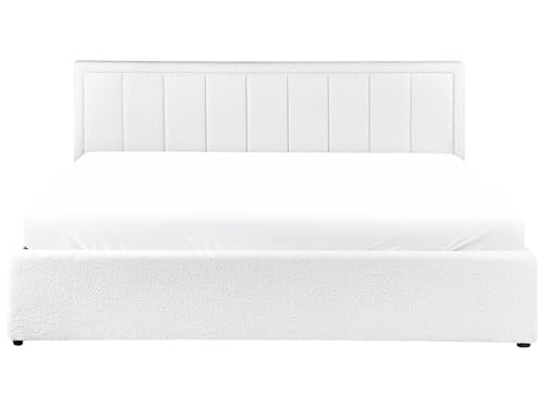 Boucle Upholstered Ottoman Bed with Lift-Up Storage EU Super King Size 6ft White Montlaur