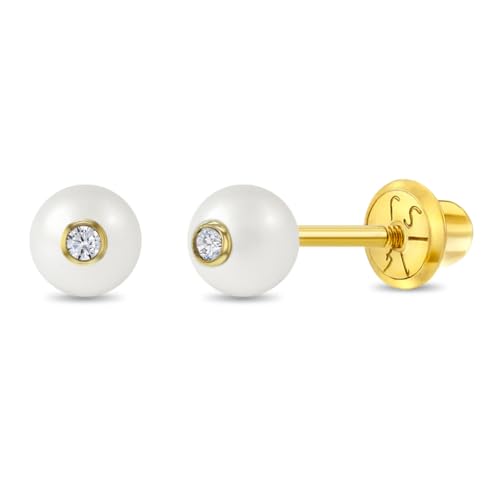 In Season Jewelry 14k Yellow Gold Simulated Pearl Stud Earrings - Small Simulated Pearl Earrings For Babies and Toddlers - Baby Girl Earrings For Special Occasions