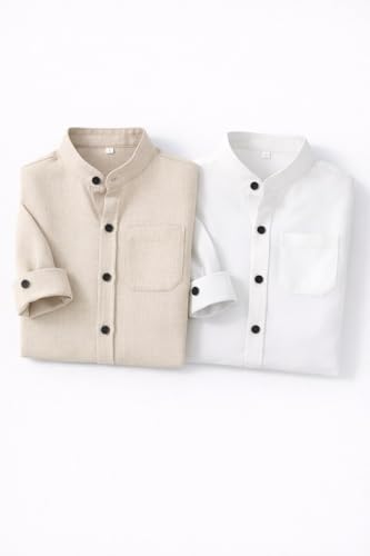 Image of Boys Mandarin Collar Shirt with Chest Pocket Beige and Rama Blue Color, Long Sleeve Button-Down Casual Shirt Pack of 2