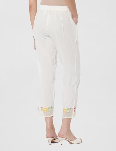 Image of White Cotton Pants with Embroidered Mesh Hemline