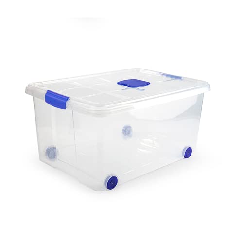 ForenTex Caja Almacenaje Plástico 57L con Tapa y Cierres (N5) – Transparente, Apilable, para Ropa de Invierno, Herramientas, Equipo Deportivo y Menaje del Hogar