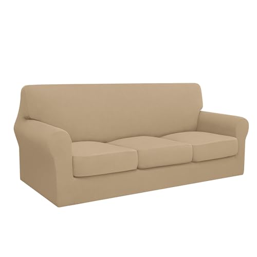 Image of Easy-Going 4 Pieces Oversized Stretch Couch Cover for Dogs Washable | Sectional Sofa Slipcover for 3 Separate Cushion Couch - Elastic Furniture Protector for Pets, Kids Pale Yellow