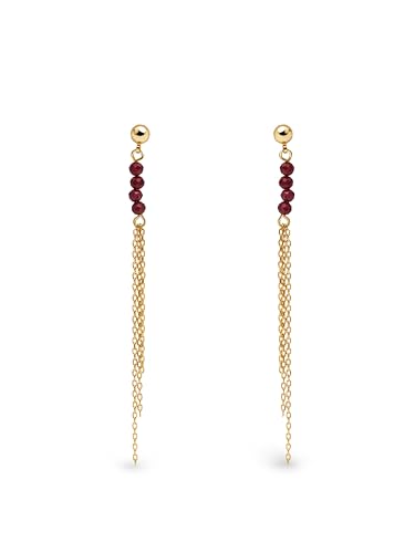 SINGULARU - Pendientes Falling Fairy Granate. Latón con Acabado en Baño Oro de 18Kt. Largos con Piedras Naturales de Color Granate. Joyas para Mujer