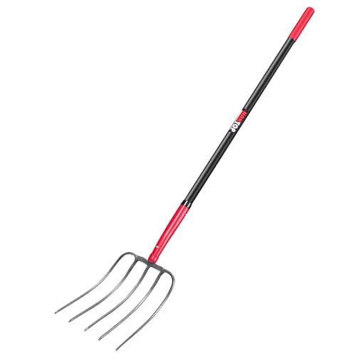 HANTOP Tenedor de 5 dientes, tenedor de heno, tenedor de estiércol resistente con mango largo para jardín, granja, patio, 58 pulgadas