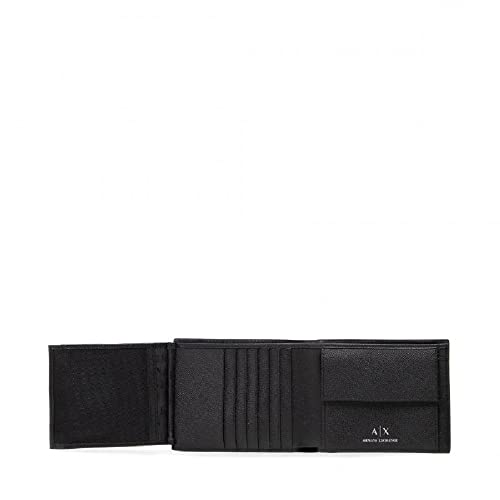Armani Exchange A|X mens Plate Logo Saffiano Leather W/Coin Pocket Trifold Wallet, Black, Small US3