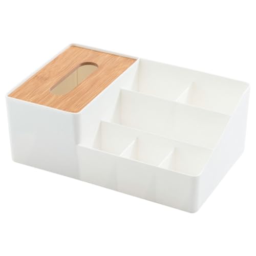 OKUMEYR Caja Organizadora de Bambú y Pp Multifuncional para Escritorio y Baño, Servilletero Grande en Tonalidad Clara, Organizador de Pañuelos, Control Remoto y Artículos Diversos