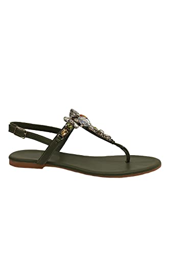 Mabel Home Crystal Damen Sandalen Echt Leder Kristall Flach Sandalen Hochzeit Urlaub Sandalen Mode Flip Flops, grün, 38 EU Cover