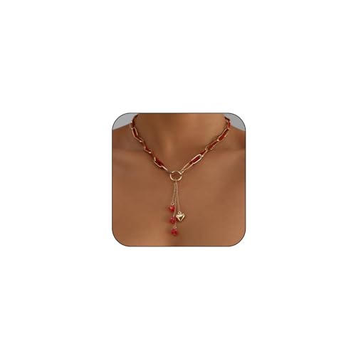 Red Rope Puffy Heart Pendant Necklace for Women Dainty Gold Paperclip OT Buckle Choker Love Bead Chain Y Necklaces Trendy Jewelry Tassel Accessories Gifts