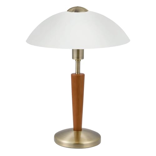 EGLO Lampe à poser Solo 1, lampe de table avc variateur tactile, luminaire en bois noyer, acier bruni et verre blanc satiné, douille E14