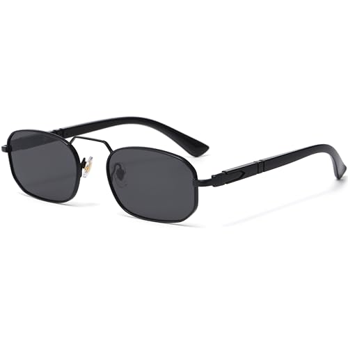 YouthMall Retro Rectangle Metal Sunglasses for Men Women Trendy Vintage Square Black Shades UV400 Protection (Black/Grey)