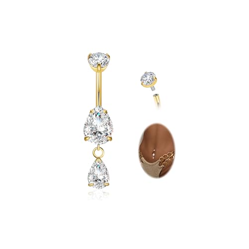 LOAYHOAY 14G G23 Pure Titanium Dangle Belly Button Ring for Women Dangling CZ Navel Ring Teardrop Curved Barbell Belly Rings Internally Threaded Belly Piercing Jewelry Gold 10mm