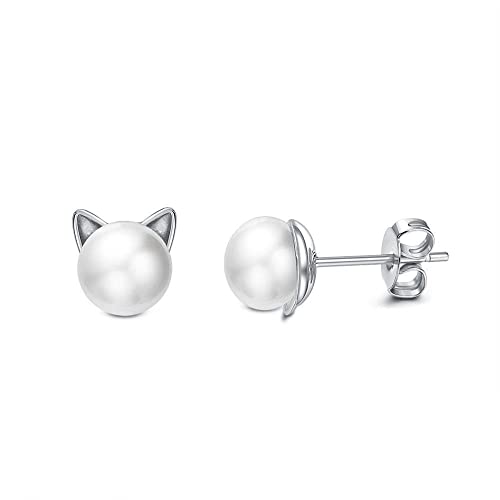 Boucles d'oreilles chat argent et perle douce pour style quotidien