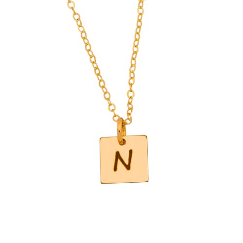 HotMixCold Tiny Square Tag Pendant Monogram Initial Necklace, Personalized Small Letter Jewelry | 14K Gold filled, 5/16-inch Square