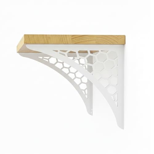 Image of Wall Shelf with Wooden Top Black|White Iron Brackets Storage Rack|Industrial Wall-Mounted Floating Shelf for Living Room,Kitchen,Bathroom (White Hexagon Small)