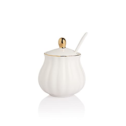 Sweejar Royal Ceramic Sugar Bowl, 8 Ounce Sugar Container With Spoon And Lid, Porcelain Salt Bowl Salt Container, Sugar Holder For Coffee Bar, Home And Kitchen(White) #TOP30