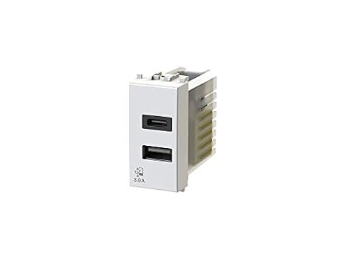 4box Zasilacz USB 3.0 USB 3 A 2 wyjścia na pojedynczy moduł typu A i złącze typu C, kompatybilny z Vimar Plana, biały