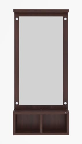 Image of Engineered Wood Wall Mounted Dressing Table with Mirror and Storage Shelves, Wenge Brown Finish, Engineered Wood, 82.5x37x14 cm I Rectangular Mirror Bedroom Living Room Stand