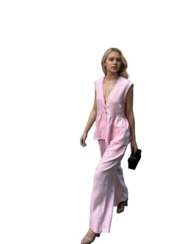 OCUH 2 Piece Sets for Women Peplum Top Button Up Vest V Neck Tank Tops Wide Leg Pants Suits Work Outfits Business Casual
