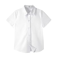 LOLANTA Boys' Short Sleeve Dress Shirt Button Down Formal School Shirt(5-6 Years,White,Tag Size 130)