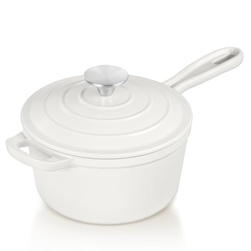 TeamFar Enameled Cast Iron Sauce Pan, 2QT Small Sauce Pot with Lid, Mini Dutch Oven Saucepan for Cooking/Boiling/Simmering/Baking, Sturdy & Nonstick, Oven Safe & Fit for Induction- White