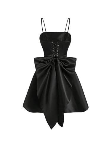 Image of WDIRARA Women's Satin Bow Homecoming Dresses Spaghetti Strap Wedding Guest Gown Summer Mini Dress