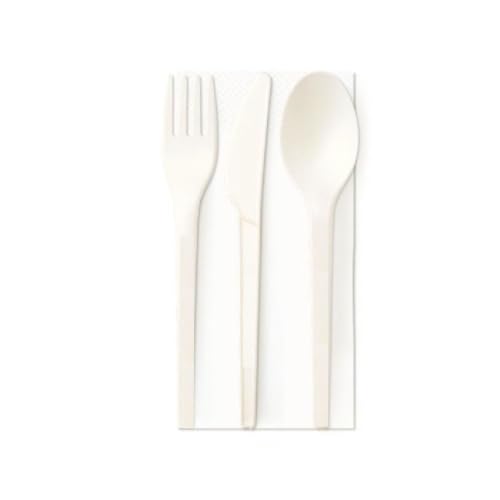 Tris Posate Usa e Getta Imbustate con Tovagliolo in Fibra di Mais Biodegradabili, Posate Monouso Compostabili Perfette per Catering, Feste ed Eventi, Set da 20-50-100 Pezzi Disponibile (50 PEZZI)