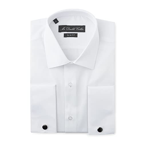 MrDoubleCollar Chemise Oxford Bleue à Double Manchette Formelle Coupe Ajustée avec Poignets en Métal à Manches Longues, blanc, XL