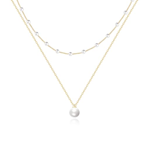 Image of Zeffy Gold Pearl Necklace for Women, Dainty 14K Gold /Silve Plated Layered Pearl Choker Pearl Earrings Pearl Bracelets Wedding Trendy Gold Jewelry Set for Women Gifts