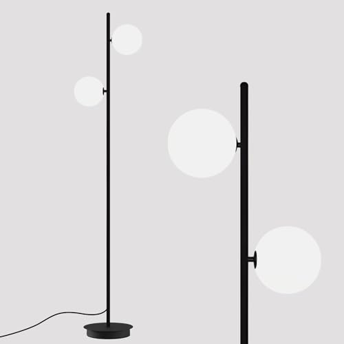 Image of Black Floor Lamp 2-Light Modern White Frosted Glass Freestanding Lamp Mid Century Globe Floor Lamps for Vintage Standing Pole Lamp for Bedroom Living Room Hotel