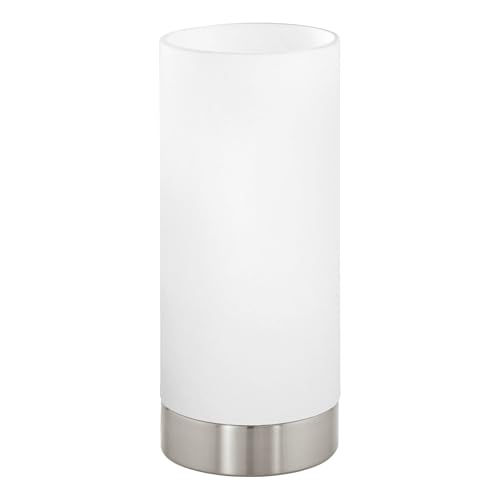 EGLO Tischlampe Damasco 1, Deko Tischleuchte, kleine Nachttischlampe aus Metall und Glas in Silber und Weiß, E27 Fassung
