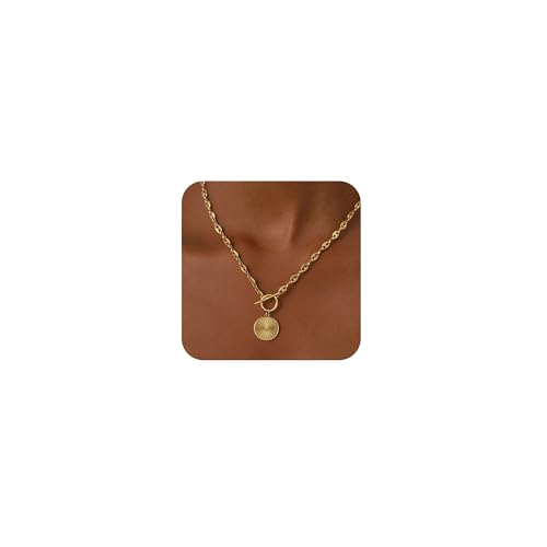 LEXODY Chunky Gold Necklace for Women, Simple 14K Gold Plated Circle Pendant Choker Necklaces Trendy Dainty Chain Toggle Clasp Necklace Jewelry Gift for Women
