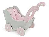 Landau en bois gris/rose pour poupée. Age : 1 an et plus