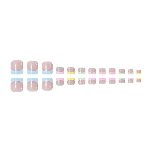 Image of Colorful Press on Toenails French Tip Fake Toenails Glossy False Toe Nails Short Square Glue on Toenails Reusable Artificial Acrylic Full Cover tick on Toes for Women Girls Manicure 24 Pcs