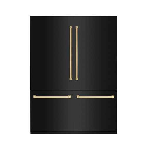 ZLINE RBIVZ-BS-60-G Autograph Edition 60 Inch 32.2 Cubic Feet French Door Built-In Bottom Freezer Refrigerator with Water Dispensers/Ice Makers in Black Stainless Steel and Polished Gold Accents