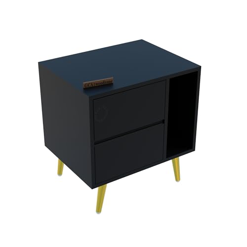 Image of Wooden Bedside Table for Bedroom | Modern Bed Side Nightstand with 2 Drawers & Shelf Storage | Lamp Table for Living Room, Home & Hotels | HDMR Wood with Iron Legs, Black (Set of 2)