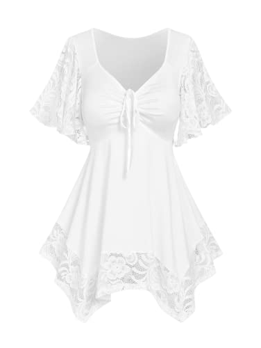 ROSE GAL Women's Plus Size Flower Lace T-Shirt Curve Flower Lace Insert Criss Cross Batwing Sleeve Handkerchief Top