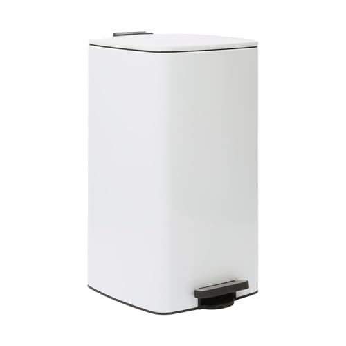 Harbour Housewares 30L Square Pedal Bin White Stainless Steel Kitchen Trash Can with Soft-Close Lid Hands-Free Foot Pedal Removable Inner Bucket & Rubbish Recycling Bin