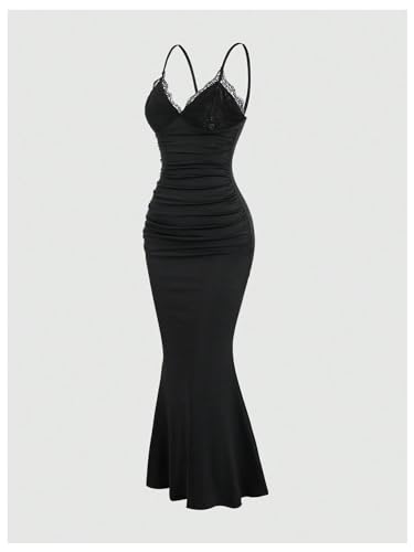 Image of Milumia Women's Lace Trim V Neck Ruched Cami Fishtail Bodycon Dress Black Small