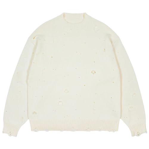 Men Ripped Harajuku Knit Sweater Solid Long Sleeve Crew Neck Hip Hop Pullovers Jumpers