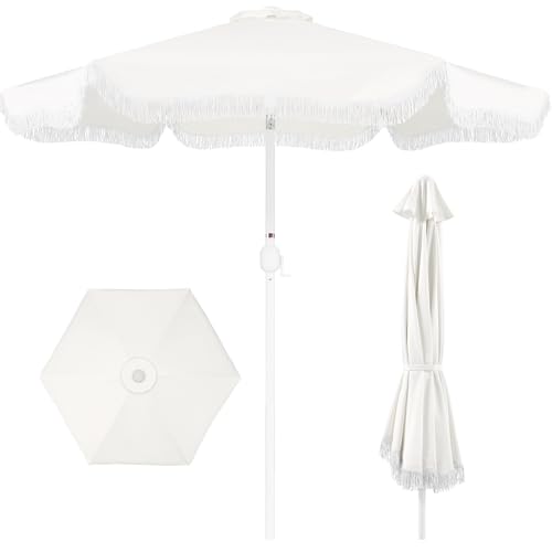 Best Choice Products 9ft Fringe Market Patio Umbrella Outdoor Boho Tassel Sunshade for Table Pool Deck Backyard UPF50+ Easy Tilt Heavy Duty Steel Pole & Ribs - White