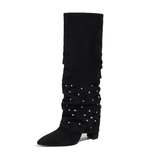 Women's Black Knee High Boots Wide Calf Pointed Toe Chunky High Heel Pull On Fold Over Shark Rivet Boots