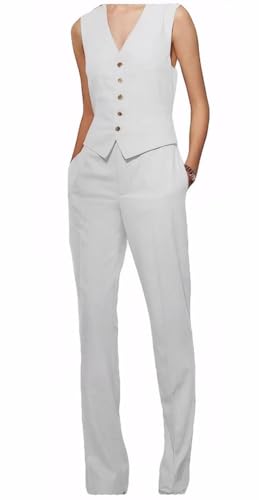 2 PC Linen Womens Outfits Sleeveless Blazer Vest with Pants Cropped Vest Tops Suit Women Tuxedos Suit4