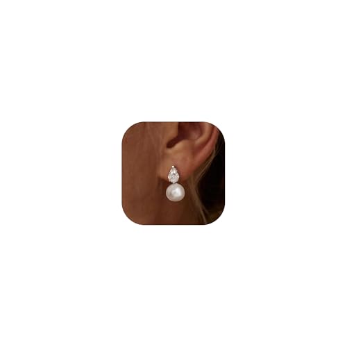 Fwlisesa Silver Pearl Drop Earrings for Women, Dainty Wedding Bridal Earrings Cute CZ Pearl Earrings for Women Trendy Hypoallergenic Unique Dangle Silver Drop Earrings Fashion Prom Jewelry Gifts