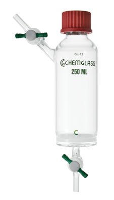 Chemglass CG-1861-15 Series CG-1861 Peptide Synthesis Vessel with GL 32 Thread, Solid Phase, Coarse Frit, Lower Port, 245 mm Height, 500 mL