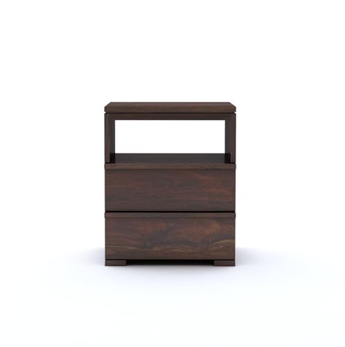 Image of Premium Solid Wood Bedside Table with 2 Drawer & 1 Open Shelf | Modern Wooden Nightstand for Bedroom | Bedside Storage Table for Home & Hotel (Walnut Finish)