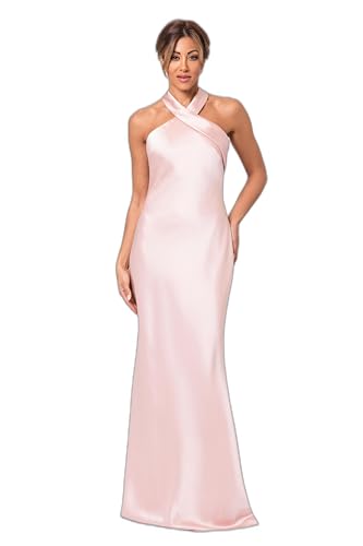 Image of Xscape Evenings Women's Long, Ruched Bodycon Low-Sheen Cross Front Halter Neck Evening Dress with Ruffle Detail